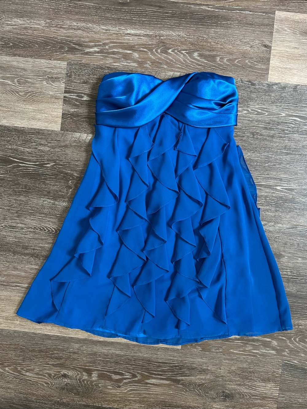 Caché Royal Blue Strapless Tiered Ruffle Mini Dress Twist Bust Size 6